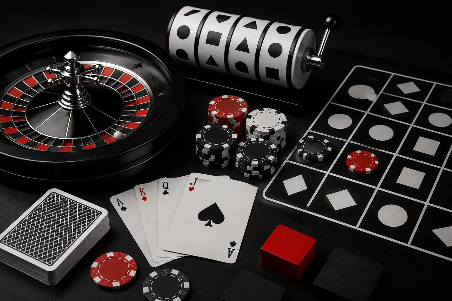 Meja kasino editorial dengan roda roulette, kartu, dan layar slot generik